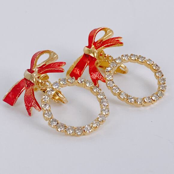 Vintage Christmas Clip On Rhinestone Wreath Earrings Red Bow Gold Tone Sparkling - Picture 4 of 13